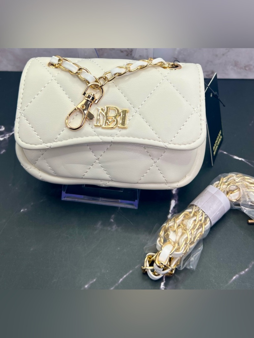 Badgley Mischka Quilted Mini Bag Charm/Crossbody Ivory w/Gold Quilted Chain NWT